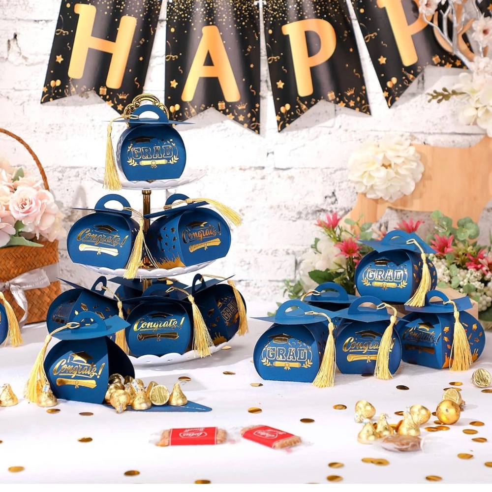 NEW 24 Pcs - Graduation Cap Gift Party Favors, Candy/Treat Box (Blue, Gold)